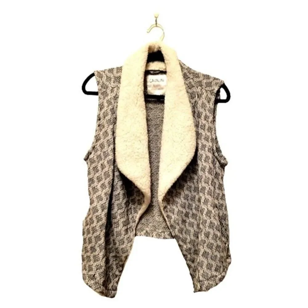 Cavalini Womens Sweater Black S Sherpa Fleece Collar Waterfall Open Cardigan